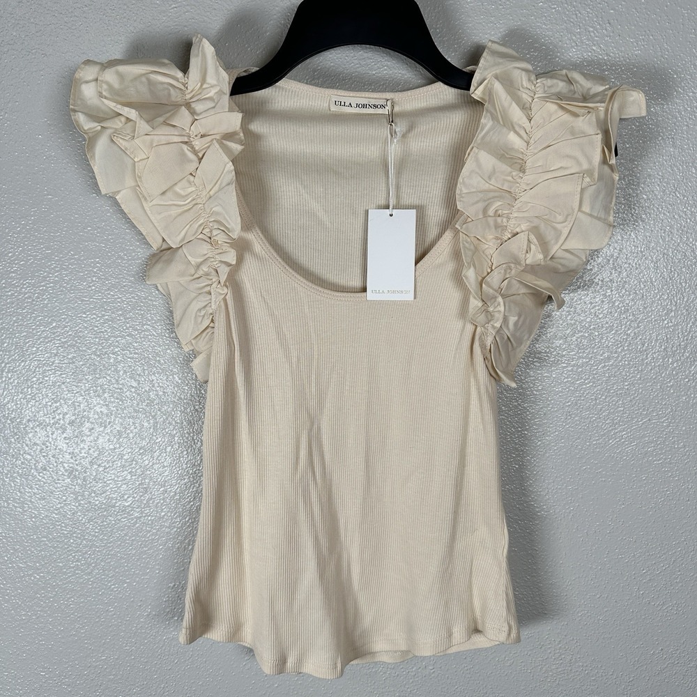 NEW Ulla Johnson Koa Top Womens Petite Cream Ruffle Sleeveless Ribbed‎ Tank